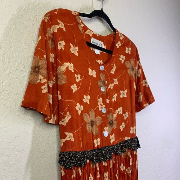 CACTUS FLOWER Dress Vintage V-Neck Ruffle Tiered Floral Western‎ Broom Style - Picture 7 of 12